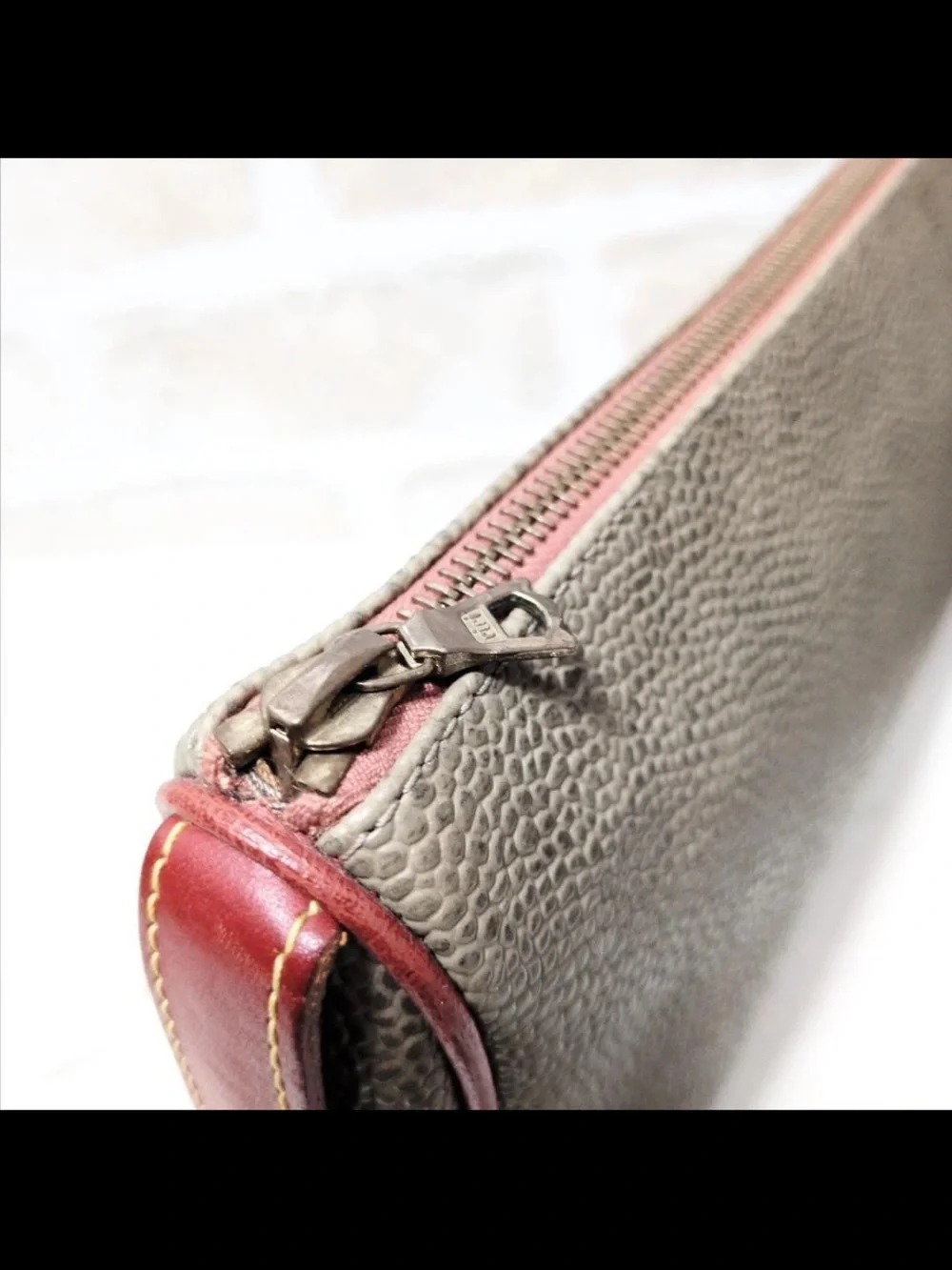 Mulberry Pebbled Leather Zip Pouch in Taupe with Red Accents